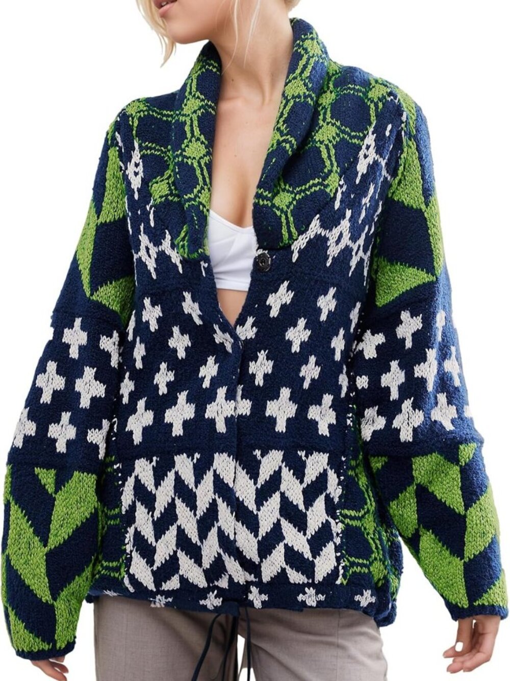 Boho Oversized Cardigan Sweater with Shawl Collar & Button Down - Y2K Fall
